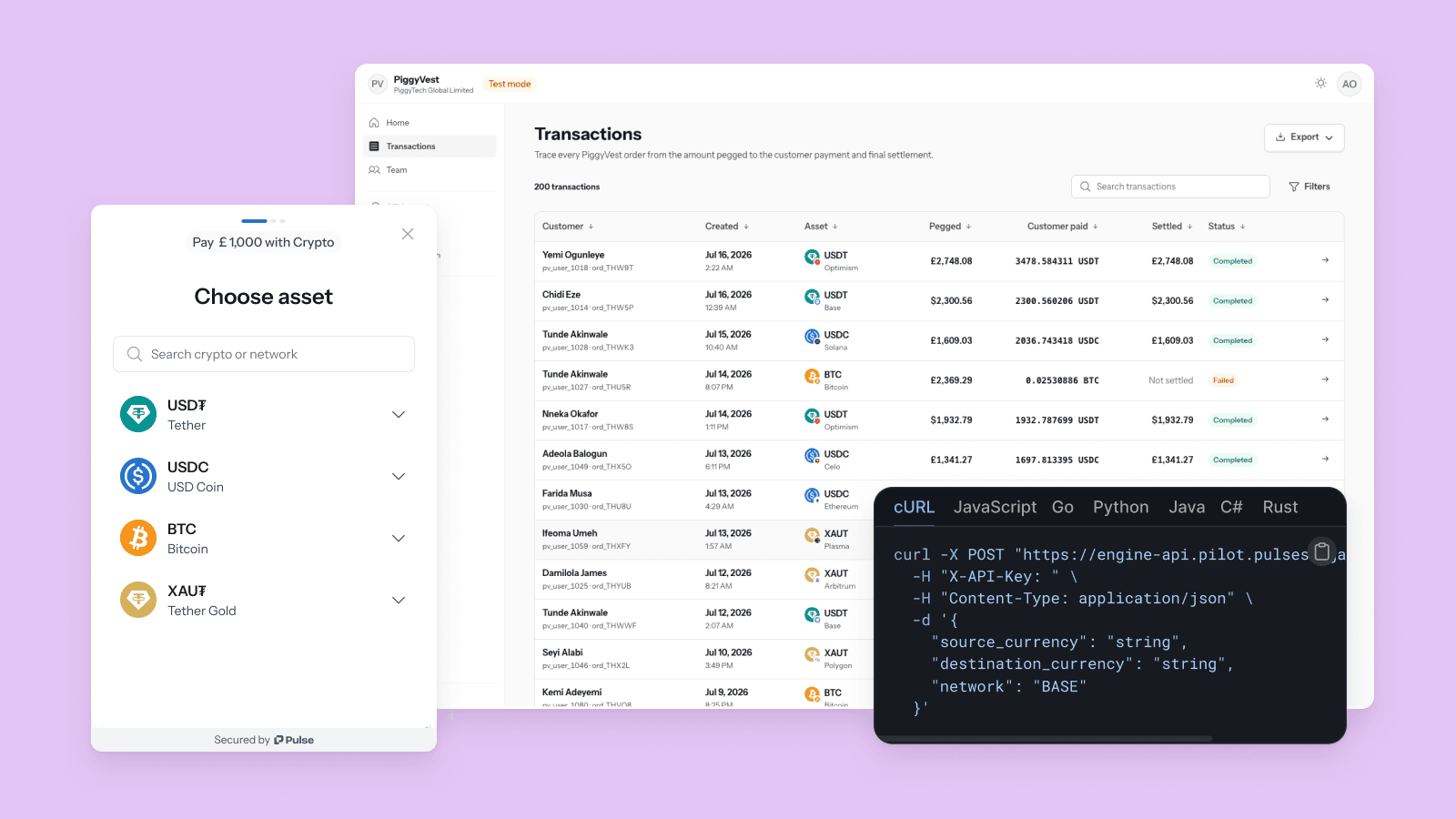 Pulse payment dashboard with embedded crypto checkout and developer API code