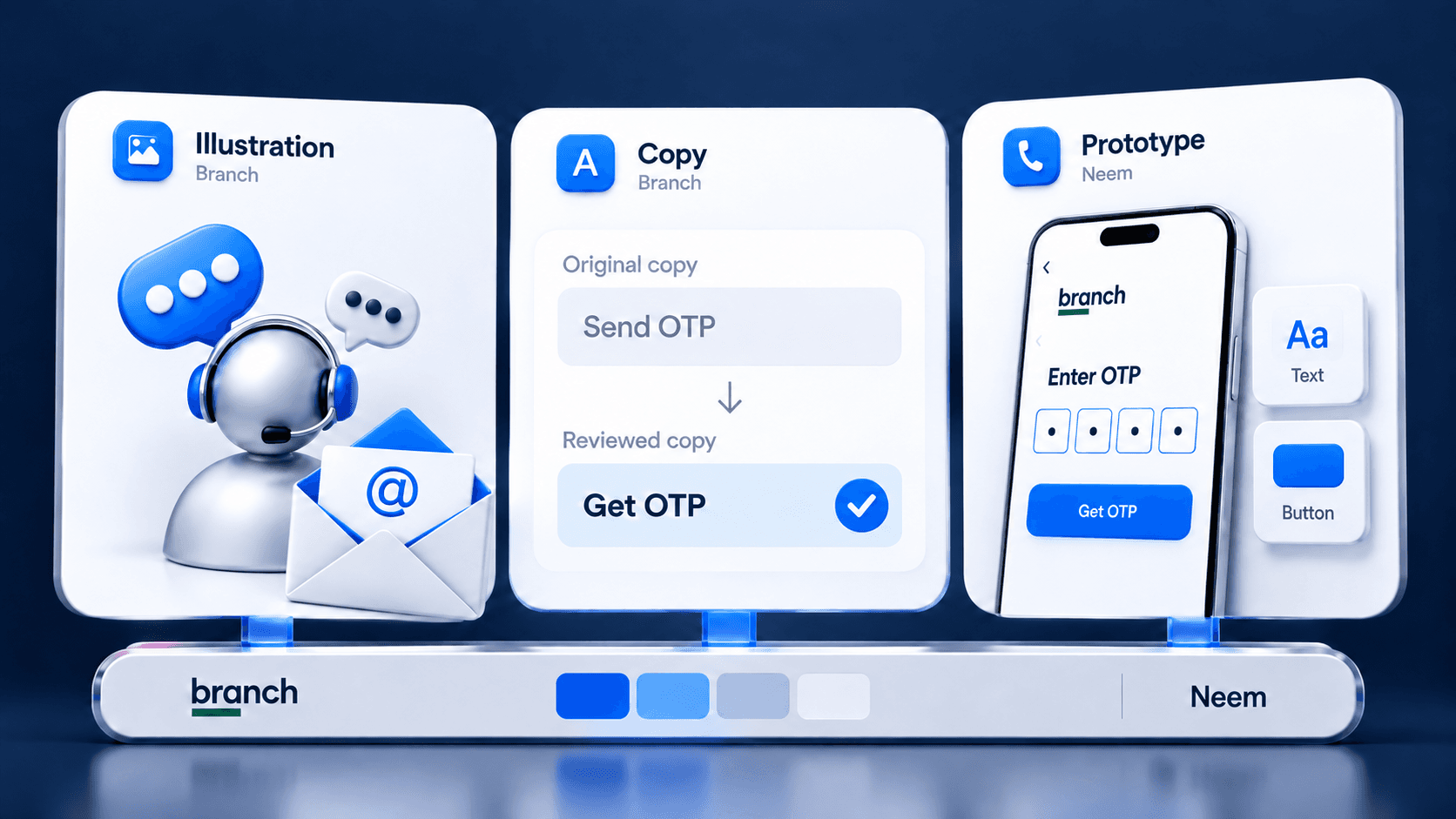 Generated Branch cover concept showing illustration assets, a UX copy comparison and a schematic Neem prototype