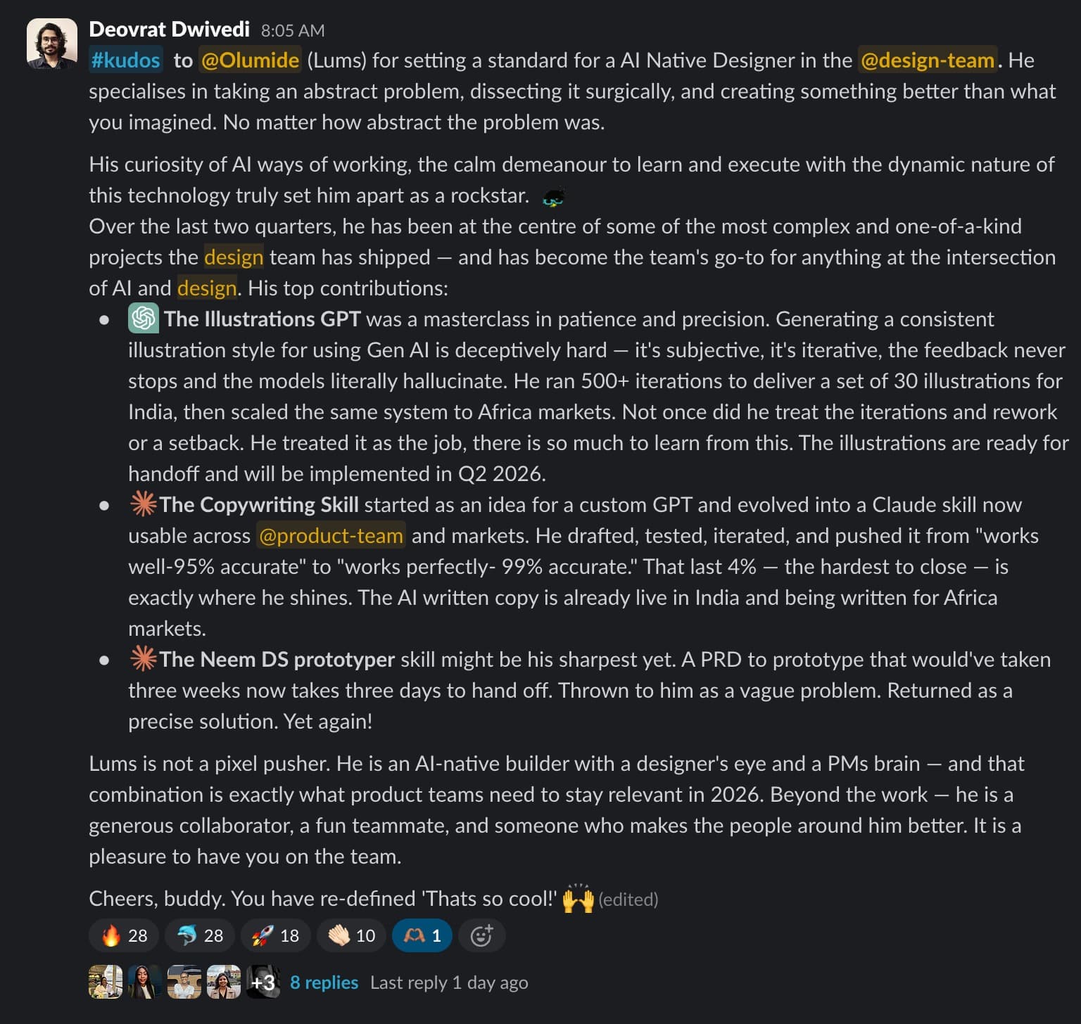 Deovrat Dwivedi's Slack recognition for the Branch AI initiatives