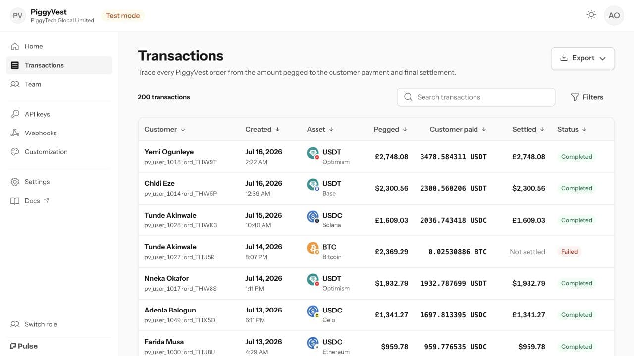 Pulse partner dashboard transactions view