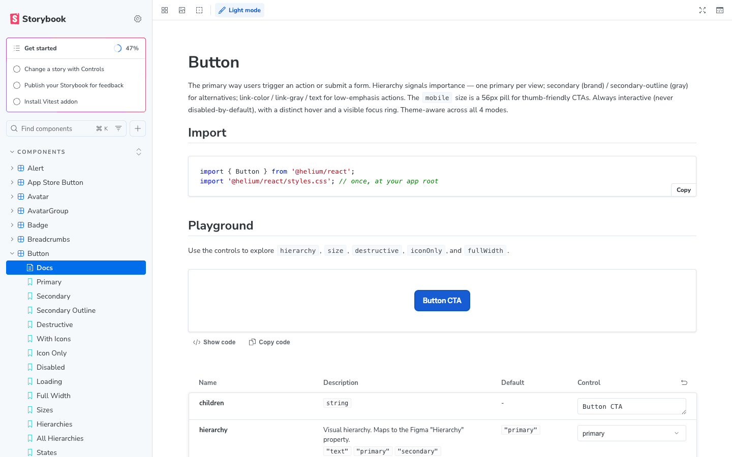 Helium React button component with hierarchy, size and state controls in Storybook
