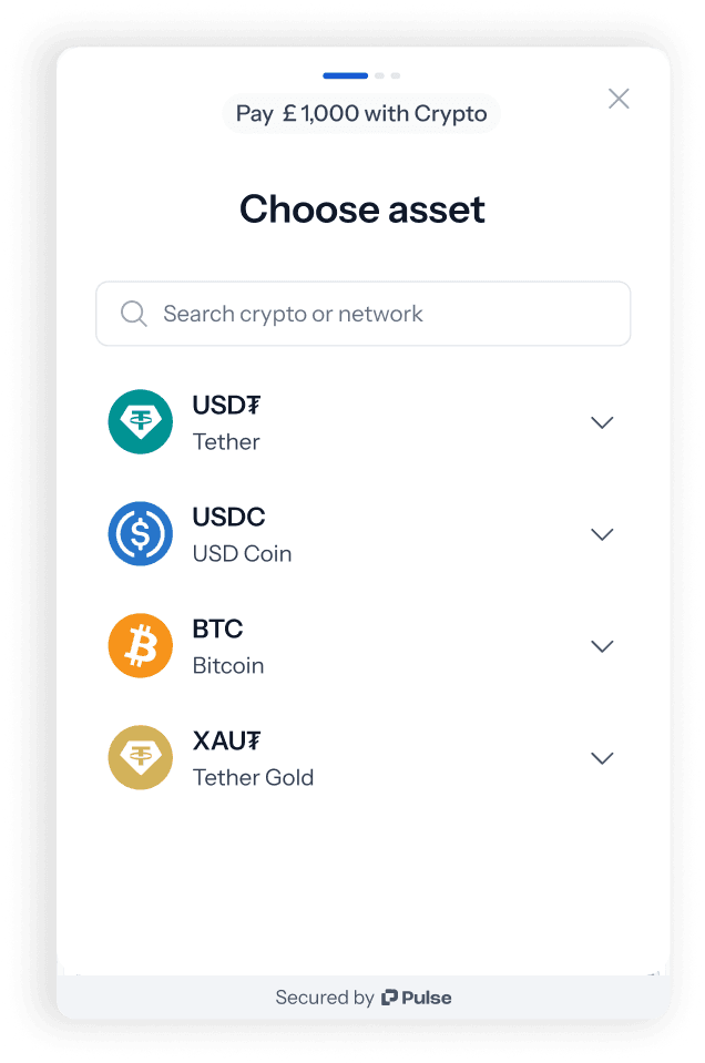 Pulse embedded checkout SDK asset selection