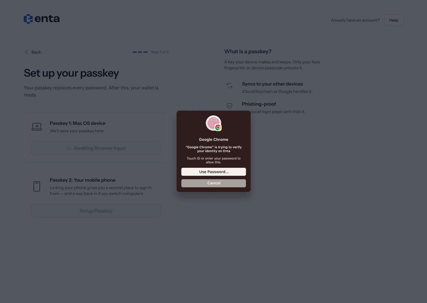 Mac passkey dialog during setup