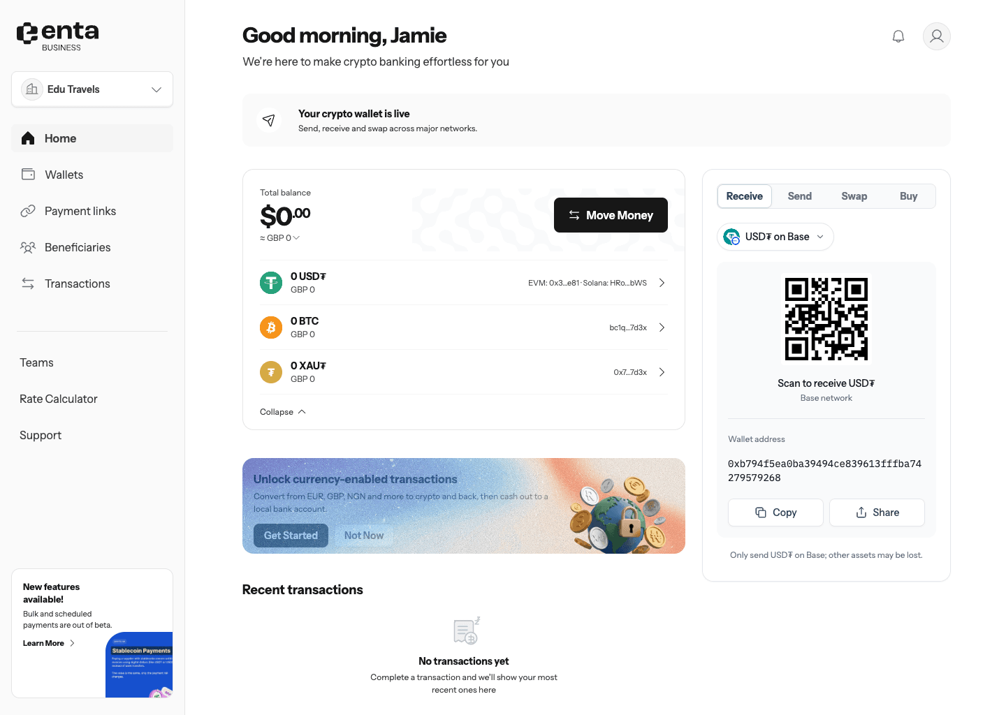 Business wallet balances and transaction actions