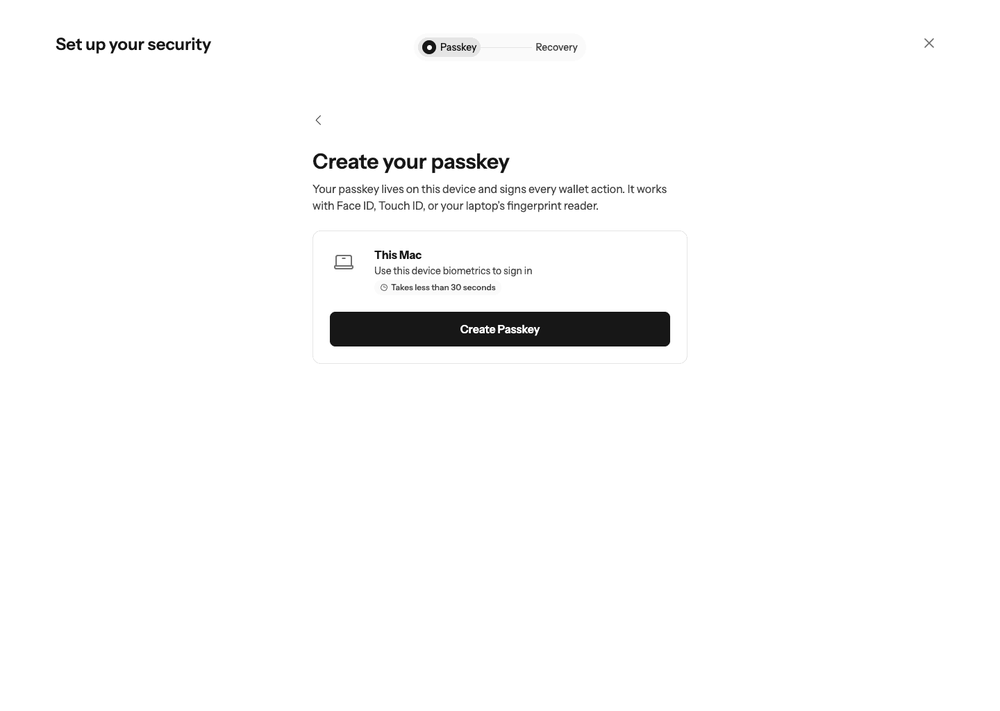 Business wallet security and passkey setup