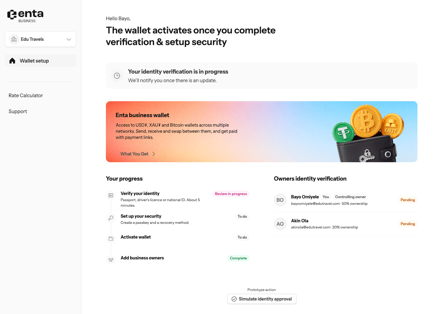 Business verification progress and wallet setup steps