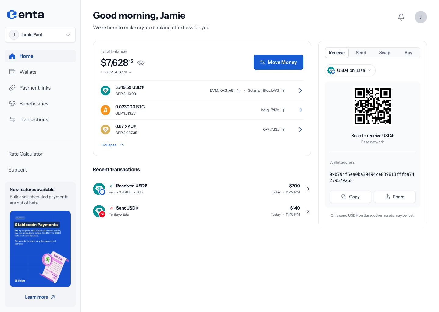 Individual wallet balances and transaction actions