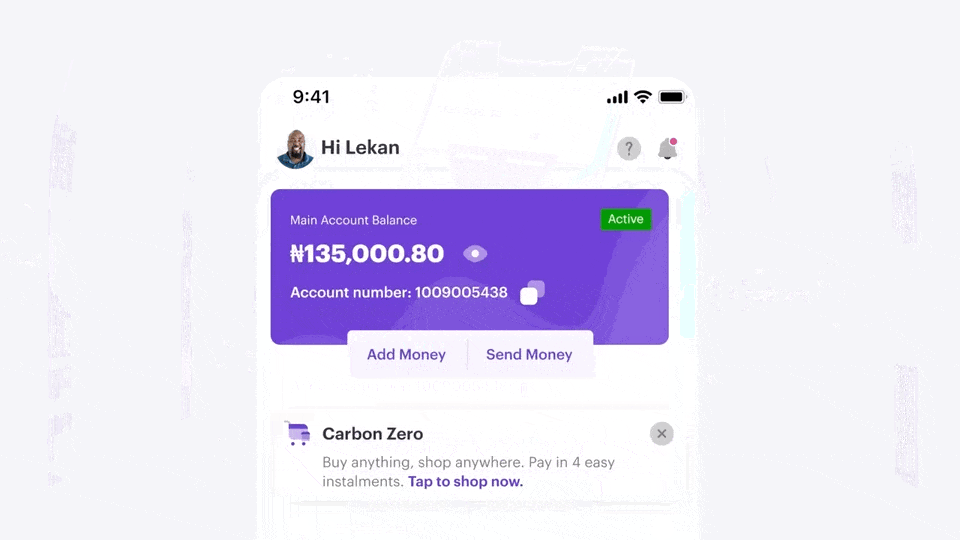 Animated presentation of the redesigned Carbon home screen and its banking features